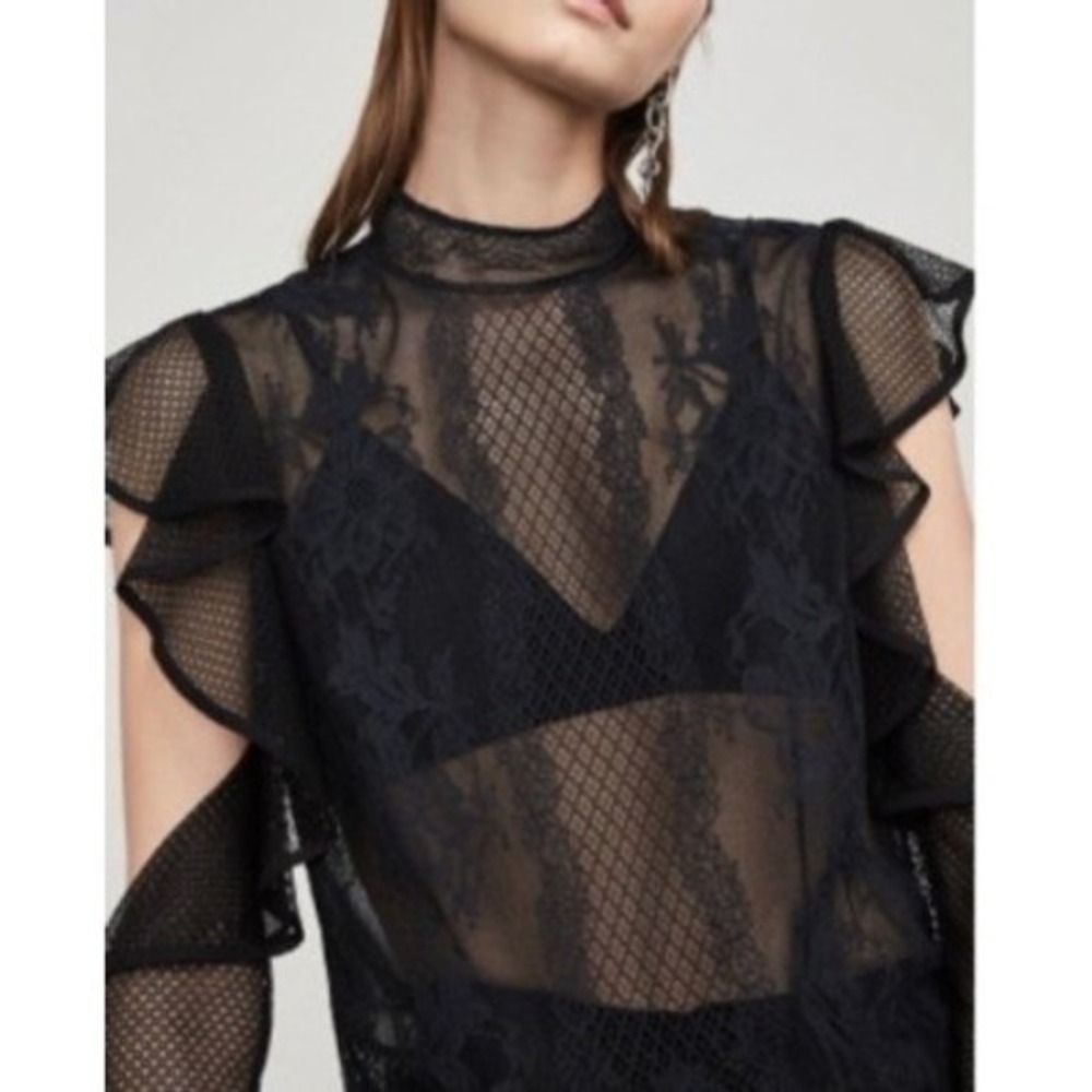 BCBGMaxAzria Sabian Black Lace‎ Ruffle Cold Shoulder Mock Neck Blouse Top XXS - Picture 2 of 12